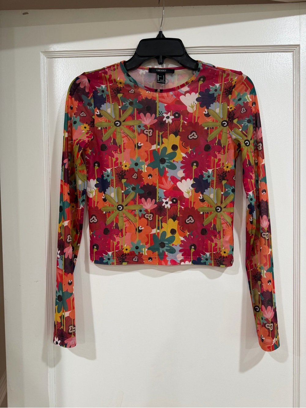 Forever 21 Multicolor Floral Long-Sleeve Mesh Top small